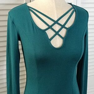 Strappy V Neck Long Sleeve Teal Green Blue Fit and Flare Dress